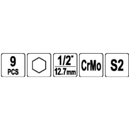 1/2" Galvučių smūginių su antgaliais rinkinys (HEX) (9vnt) 2 1/2" Galvučių smūginių su antgaliais rinkinys (HEX) (9vnt) 2