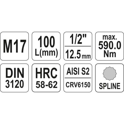 1/2" Galvutė su 100L SPLINE M17 antgaliu (prailginta) 3 1/2" Galvutė su 100L SPLINE M17 antgaliu (prailginta) 3