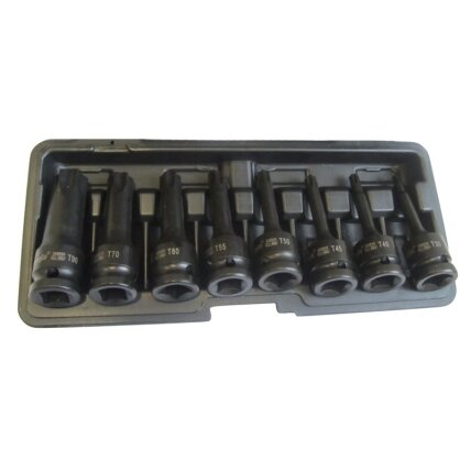 1/2" Prailgintų galvučių smūginių su antgaliais rinkinys (TORX) 8vnt. 1/2" Prailgintų galvučių smūginių su antgaliais rinkinys (TORX) 8vnt.
