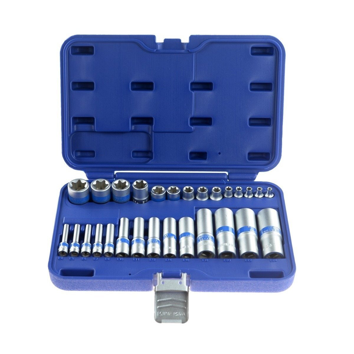 1/4" + 3/8" + 1/2" E - Galvučių rinkinys 28vnt. 1/4" + 3/8" + 1/2" E - Galvučių rinkinys 28vnt.