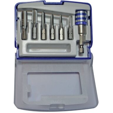 1/4" šešiabriaunis HSS mašininių sriegiklių rinkinys 7vnt ØM3-10mm + antgalių laikiklis "Half-box"