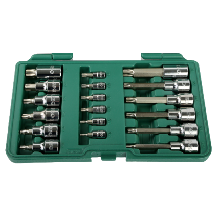 1/4" + 1/2" Galvučių su antgaliais rinkinys (TORX) 18vnt. 1 1/4" + 1/2" Galvučių su antgaliais rinkinys (TORX) 18vnt. 1