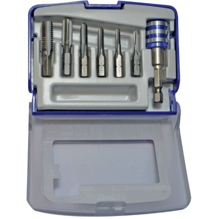 1/4" šešiabriaunis HSS mašininių sriegiklių rinkinys 7vnt ØM3-10mm + antgalių laikiklis "Half-box" 1/4" šešiabriaunis HSS mašininių sriegiklių rinkinys 7vnt ØM3-10mm + antgalių laikiklis "Half-box"