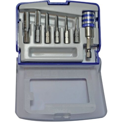 1/4" šešiabriaunis HSS mašininių sriegiklių rinkinys 7vnt ØM3-10mm + antgalių laikiklis "Half-box" 1/4" šešiabriaunis HSS mašininių sriegiklių rinkinys 7vnt ØM3-10mm + antgalių laikiklis "Half-box"