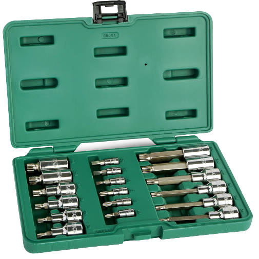 1/4" + 1/2" Galvučių su antgaliais rinkinys (SPLINE) 18vnt. 1/4" + 1/2" Galvučių su antgaliais rinkinys (SPLINE) 18vnt.