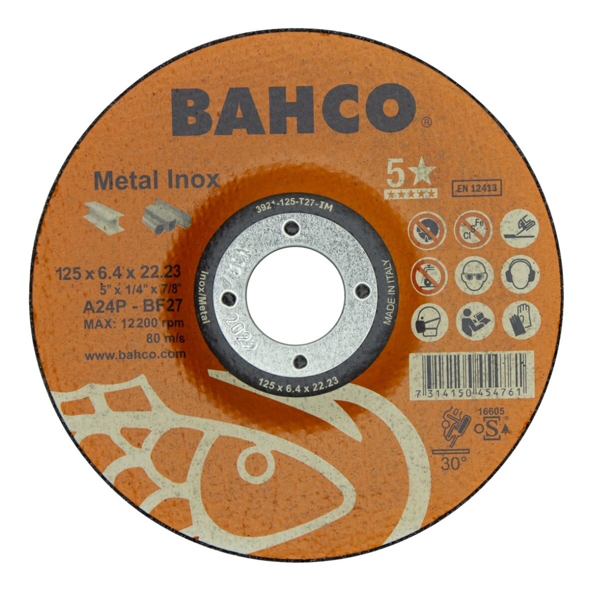 Abrazyvinis metalo ir nerūdijančio plieno šlifavimo diskas Bahco A30S INOX+Fe T42 125x6,4x22.23mm Abrazyvinis metalo ir nerūdijančio plieno šlifavimo diskas Bahco A30S INOX+Fe T42 125x6,4x22.23mm