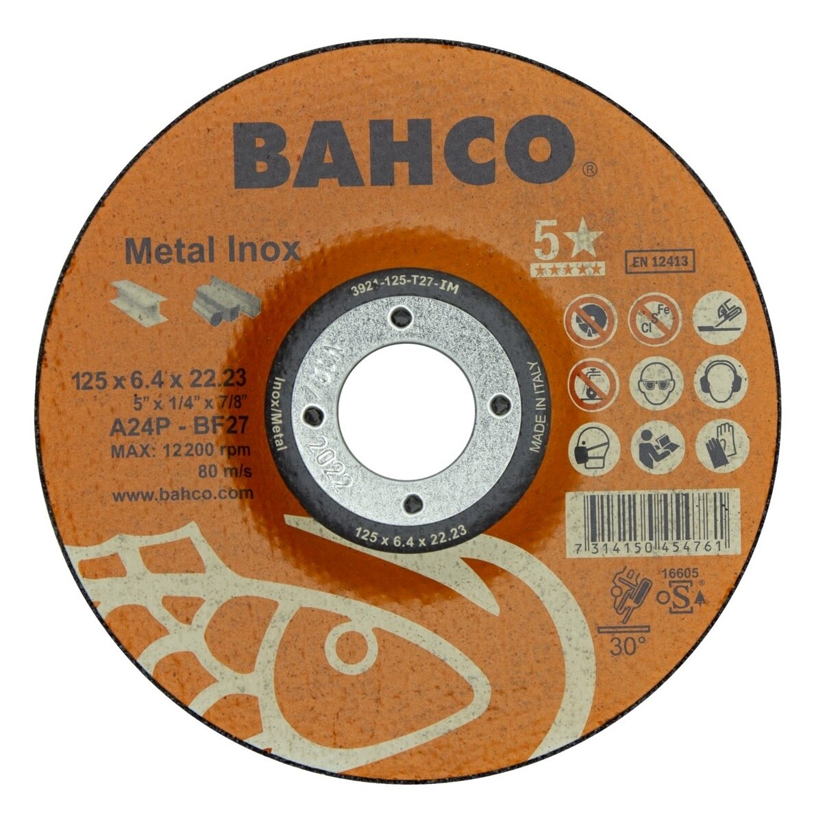 Abrazyvinis metalo ir nerūdijančio plieno šlifavimo diskas Bahco A30S INOX+Fe T42 115x6,4x22.23mm Abrazyvinis metalo ir nerūdijančio plieno šlifavimo diskas Bahco A30S INOX+Fe T42 115x6,4x22.23mm