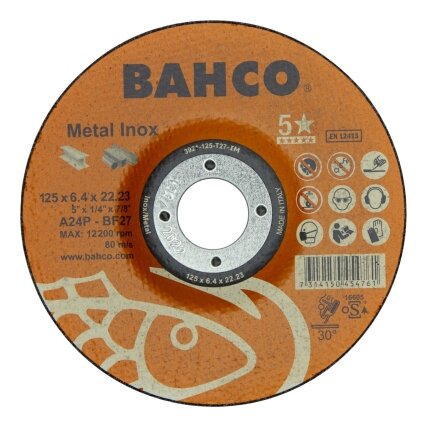 Abrazyvinis metalo ir nerūdijančio plieno šlifavimo diskas Bahco A30S INOX+Fe T42 125x6,4x22.23mm Abrazyvinis metalo ir nerūdijančio plieno šlifavimo diskas Bahco A30S INOX+Fe T42 125x6,4x22.23mm