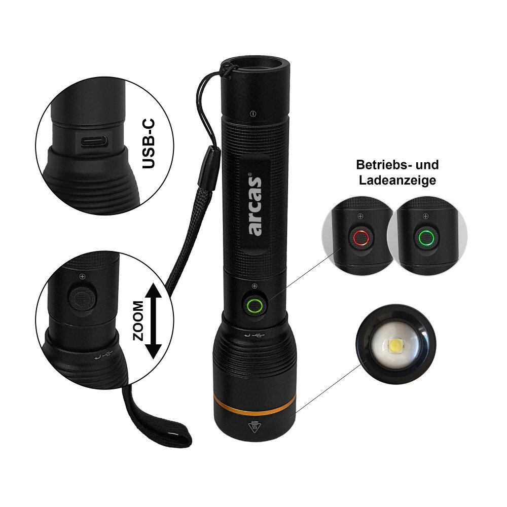 Arcas Rankinis žibintuvėlis 10W, įkraunamas USB-C, juodas, ARCAS 1 Arcas Rankinis žibintuvėlis 10W, įkraunamas USB-C, juodas, ARCAS 1