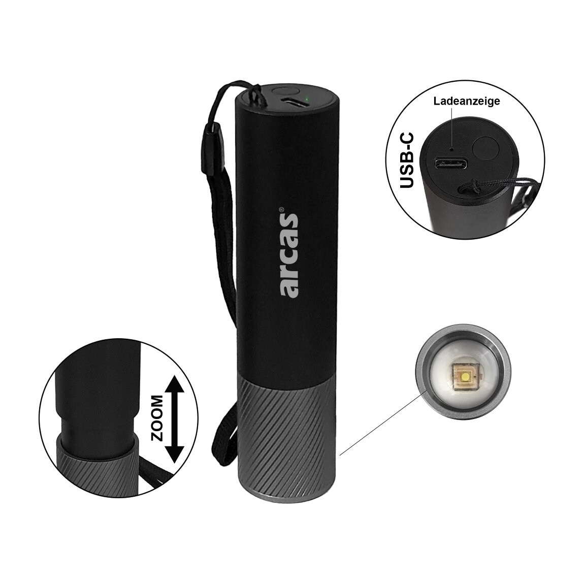 Arcas Rankinis žibintuvėlis 3W, įkraunamas USB-C, juodas, ARCAS 1