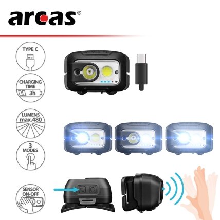 Arcas Galvos žibintuvėlis, 9W, įkraunamas USB-C, ARCAS 2 Arcas Galvos žibintuvėlis, 9W, įkraunamas USB-C, ARCAS 2