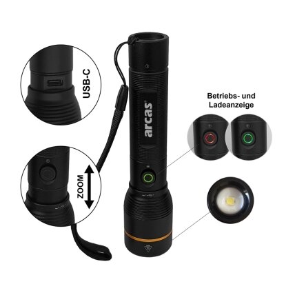 Arcas Rankinis žibintuvėlis 10W, įkraunamas USB-C, juodas, ARCAS 1 Arcas Rankinis žibintuvėlis 10W, įkraunamas USB-C, juodas, ARCAS 1