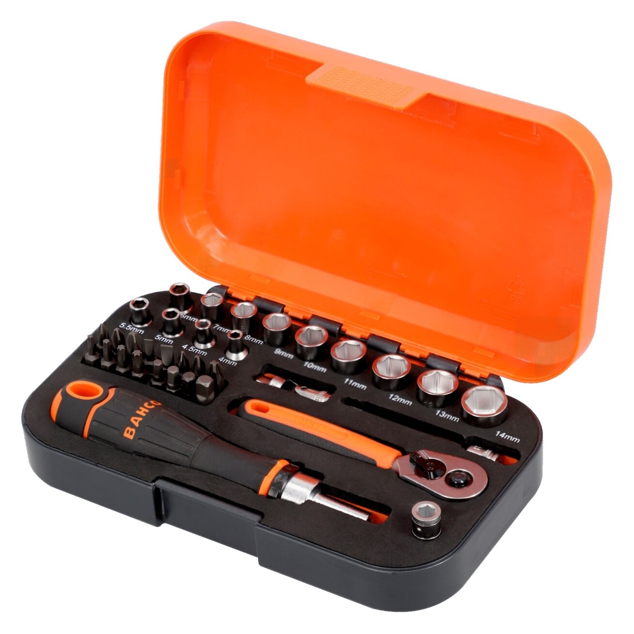 Bahco 1/4" Square Drive Socket and Bit Set with Metric Hex Profile and Ratcheting Bit Holder - 34 Pcs