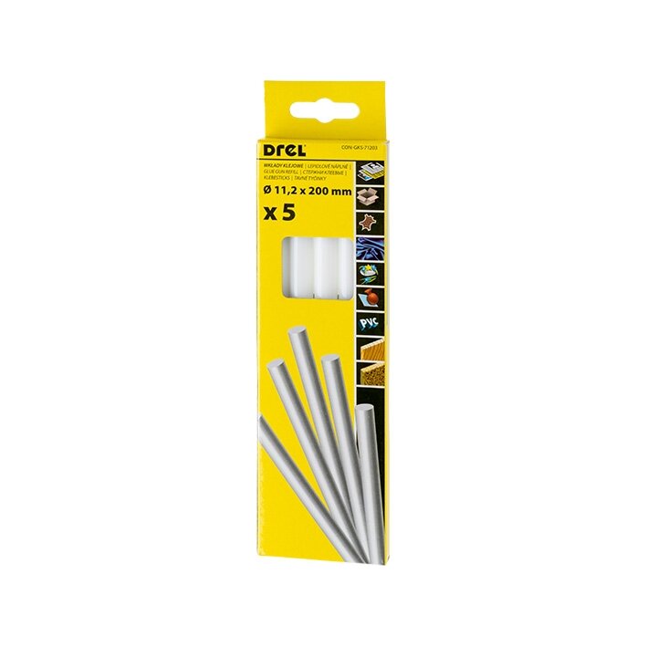 Drel Karštų klijų lazdelės 11,2 mm x 200 mm, baltos, 5 vnt. Drel Karštų klijų lazdelės 11,2 mm x 200 mm, baltos, 5 vnt.