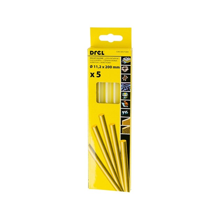 Drel Karštų klijų lazdelės 11,2 mm x 200 mm, geltonos, 5 vnt. 1 Drel Karštų klijų lazdelės 11,2 mm x 200 mm, geltonos, 5 vnt. 1