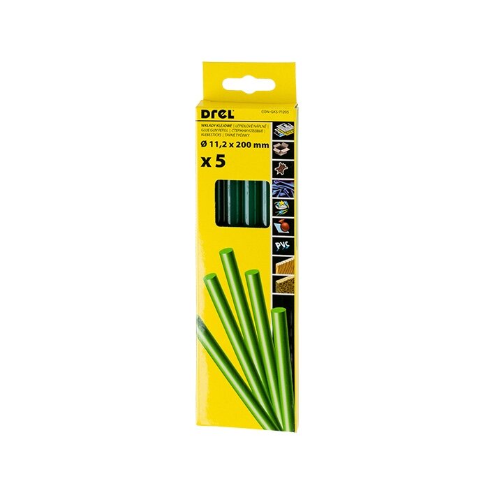 Drel Karštų klijų lazdelės 11,2 mm x 200 mm, žalios, 5 vnt. Drel Karštų klijų lazdelės 11,2 mm x 200 mm, žalios, 5 vnt.