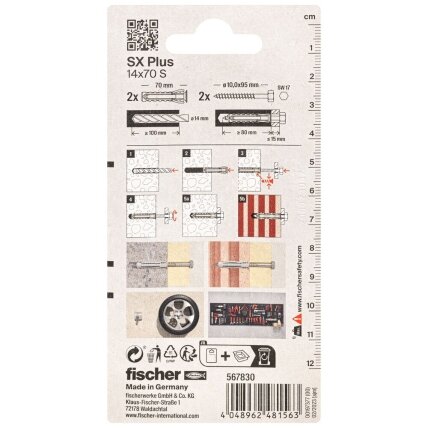 Fischer FISCHER kaiščiai su varžtais SX Plus S, 14x70 mm, 2 vnt. 2 Fischer FISCHER kaiščiai su varžtais SX Plus S, 14x70 mm, 2 vnt. 2