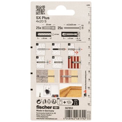 Fischer FISCHER kaiščiai su varžtais SX Plus S, 4x20 mm, 25 vnt. 2 Fischer FISCHER kaiščiai su varžtais SX Plus S, 4x20 mm, 25 vnt. 2