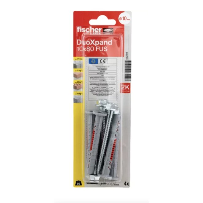 Fischer DuoXpand kaištis su varžtu 10x80 FUS, 4 vnt. Fischer DuoXpand kaištis su varžtu 10x80 FUS, 4 vnt.