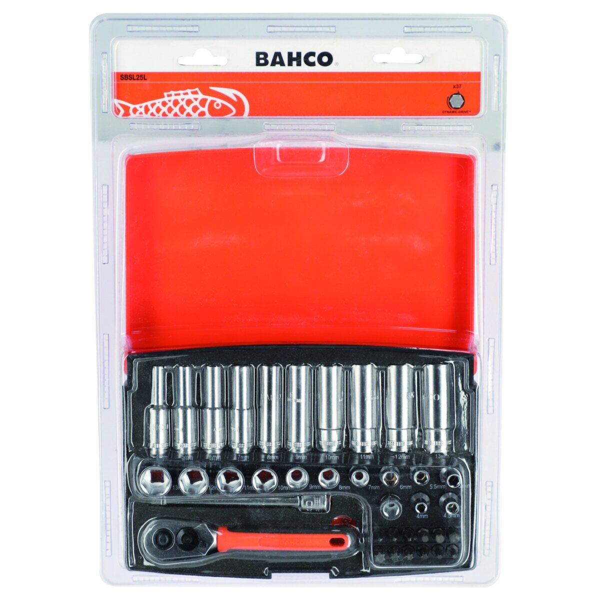 Galvučių, terkšlės ir priedų rinkinukas 4-13mm, antgaliai PH,HEX,TORX 1/4" 37vnt blisteryje. Bahco