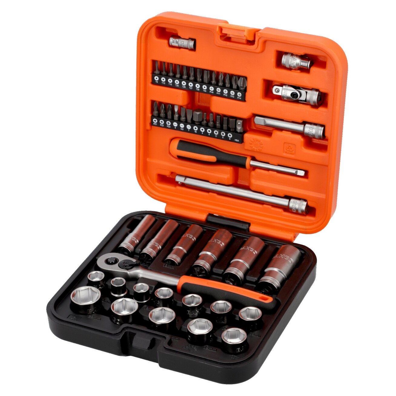 Galvučių ilgų ir trumpų rinkinys 10-22mm + bits PH,PZ,HEX,TORX 53vnt  3/8"