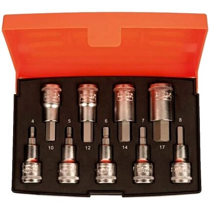 Galvučių su antgaliais komplektas, S9 HEX H4-H17 9 vnt. 1/2´´ Galvučių su antgaliais komplektas, S9 HEX H4-H17 9 vnt. 1/2´´