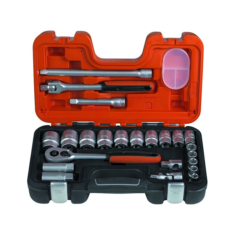 Galvučių, terkšlės ir priedų rinkinys  3/8"-1.1/4" jungtis 1/2” 23vnt