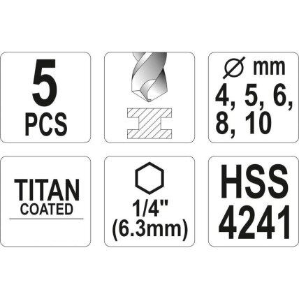 Grąžtų rinkinys HSS 1/4" (5vnt)(titano) 4.0-10.0mm 2 Grąžtų rinkinys HSS 1/4" (5vnt)(titano) 4.0-10.0mm 2