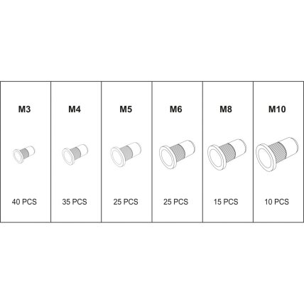 Kniedės srieginės M3-M10, plieninės 150vnt 1 Kniedės srieginės M3-M10, plieninės 150vnt 1