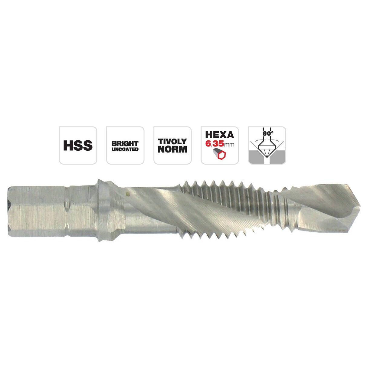 Kombinuotas sriegiklis su grąžtu (2 in1) HSS, 1/4" hex ,M4x0.7xL39 TIVOLY Kombinuotas sriegiklis su grąžtu (2 in1) HSS, 1/4" hex ,M4x0.7xL39 TIVOLY