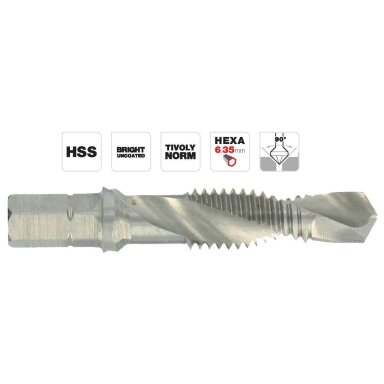 Kombinuotas sriegiklis su grąžtu (2 in1)  HSS, 1/4" hex ,M5x0.8xL41 TIVOLY