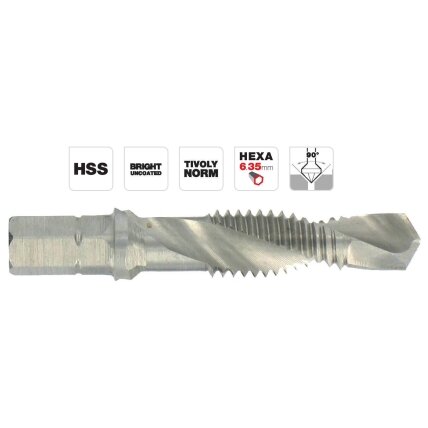 Kombinuotas sriegiklis su grąžtu (2 in1) HSS, 1/4" hex ,M4x0.7xL39 TIVOLY Kombinuotas sriegiklis su grąžtu (2 in1) HSS, 1/4" hex ,M4x0.7xL39 TIVOLY