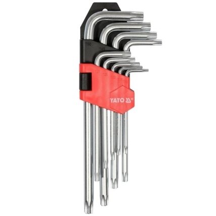 L-tipo šešiakampių TORX raktų rinkinys 9vnt. (T10-T50) su kiauryme L-tipo šešiakampių TORX raktų rinkinys 9vnt. (T10-T50) su kiauryme