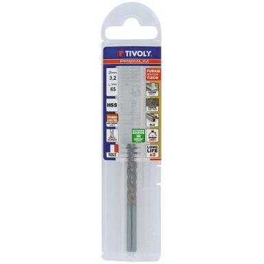 Metalo grąžtas FURIUS 3.2mm, Ti2CN FUSIO, HSS kampas "Split point" 135°, 2vnt. blisteryje.