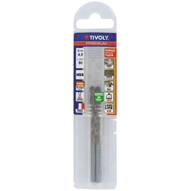 Metalo grąžtas FURIUS 4.5mm, Ti2CN FUSIO, HSS kampas "Split point" 135°, 2vnt. blisteryje.