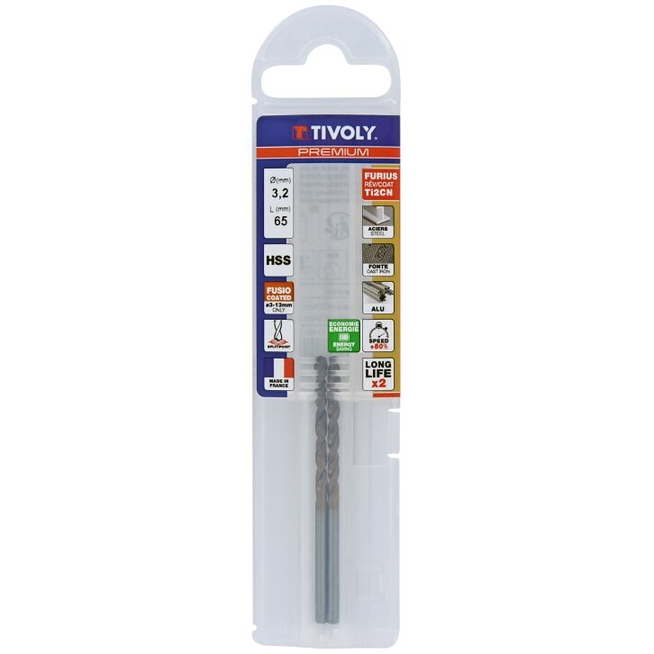 Metalo grąžtas FURIUS 3.2mm, Ti2CN FUSIO, HSS kampas "Split point" 135°, 2vnt. blisteryje.