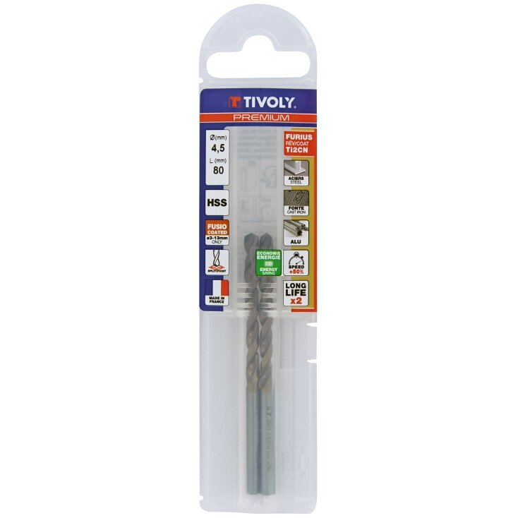 Metalo grąžtas FURIUS 4.5mm, Ti2CN FUSIO, HSS kampas "Split point" 135°, 2vnt. blisteryje.
