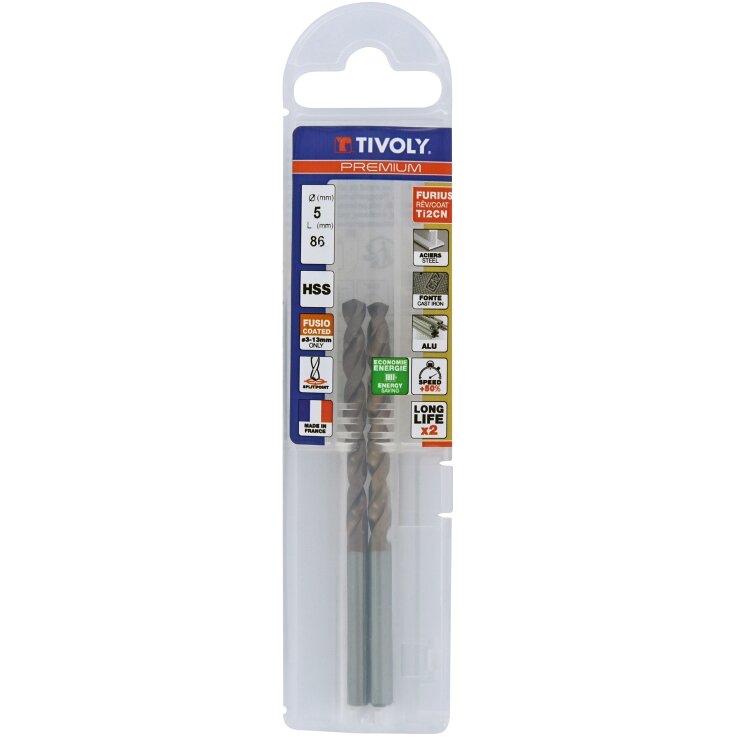 Metalo grąžtas FURIUS 5.0mm, Ti2CN FUSIO, HSS kampas "Split point" 135°, 2vnt. blisteryje.