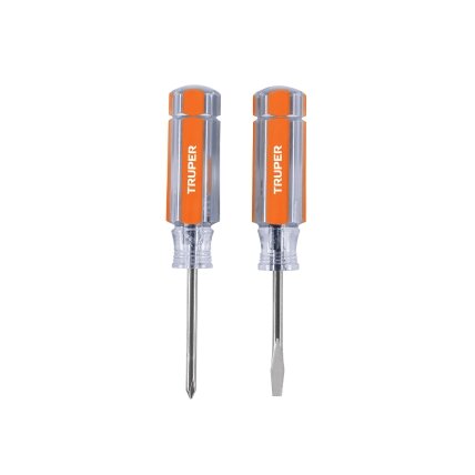 Mini-atsuktuvų rinkinys 2vnt. Kryžminis PH0, plokščias 3,2mm. Bendras ilgis 9cm Truper® Mini-atsuktuvų rinkinys 2vnt. Kryžminis PH0, plokščias 3,2mm. Bendras ilgis 9cm Truper®