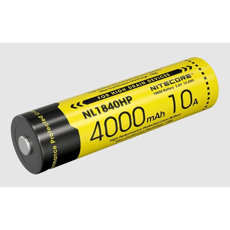 Nitecore NL1840HP įkraunamas 18650 Li-ion akumuliatorius – 4000 mAh, 3,6 V, 10 A iškrova, atsparus vandeniui (IPX6), su apsaugine grandine