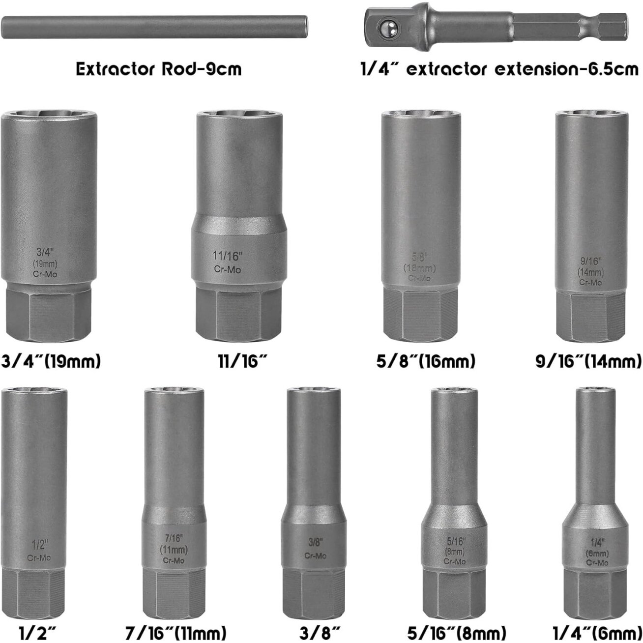 Pažeistų veržlių atsukėjų 3/8'' rinkinys 11vnt. (6-19mm) 2 Pažeistų veržlių atsukėjų 3/8'' rinkinys 11vnt. (6-19mm) 2