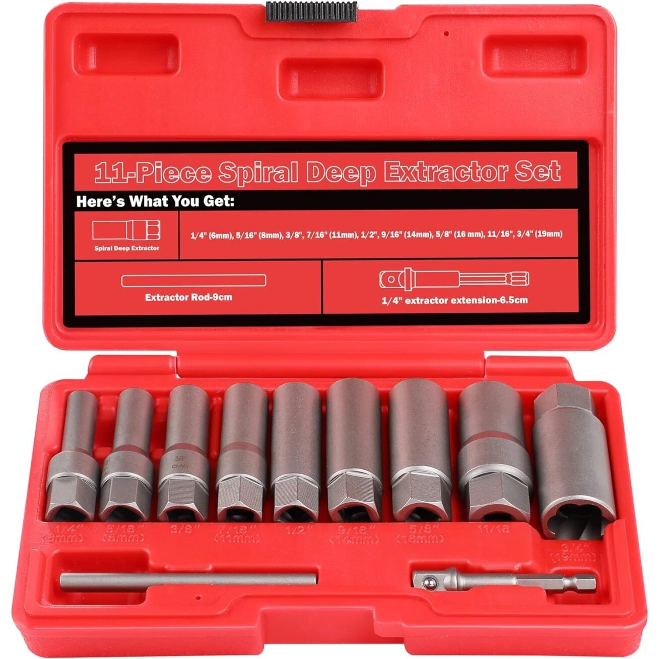Pažeistų veržlių atsukėjų 3/8'' rinkinys 11vnt. (6-19mm) Pažeistų veržlių atsukėjų 3/8'' rinkinys 11vnt. (6-19mm)