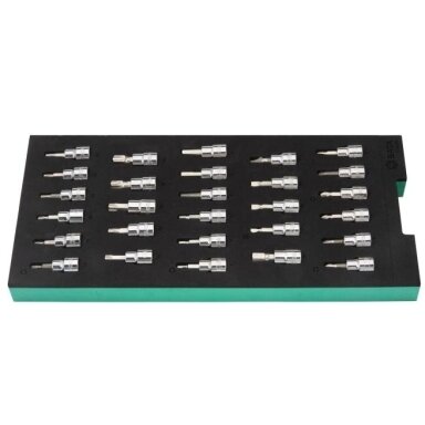 Padėklas. Galvučių su antgaliais rinkinys 3/8" (pl./PH/PZ/HEX/torx) 28vnt.