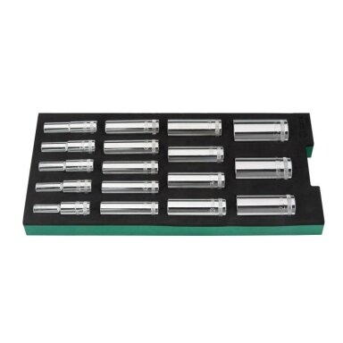 Padėklas. Prailgintų galvučių rinkinys 1/2'' 17vnt. Padėklas. Prailgintų galvučių rinkinys 1/2'' 17vnt.