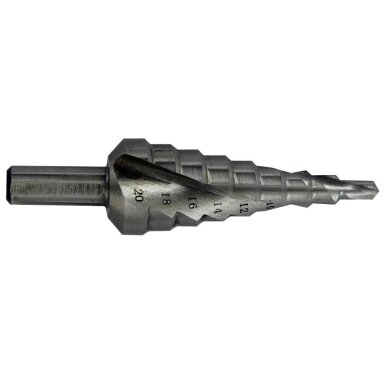 Pakopinis grąžtas Ø4-20 mm. spiralinis, nedengtas. žingsnis 2mm