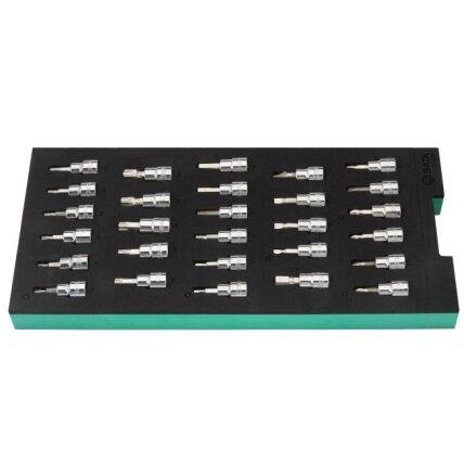 Padėklas. Galvučių su antgaliais rinkinys 3/8" (pl./PH/PZ/HEX/torx) 28vnt.