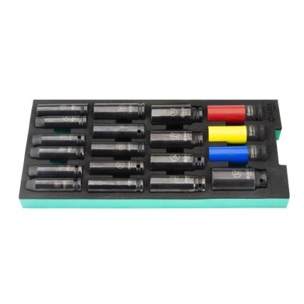 Padėklas. Smūginių prailgintų galvučių rinkinys 1/2" 19vnt. 2 Padėklas. Smūginių prailgintų galvučių rinkinys 1/2" 19vnt. 2