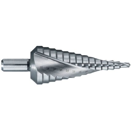 Pakopinis grąžtas Ø6-37 mm. spiralinis, nedengtas.12 pakopų Pakopinis grąžtas Ø6-37 mm. spiralinis, nedengtas.12 pakopų