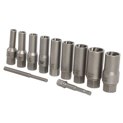 Pažeistų veržlių atsukėjų 3/8'' rinkinys 11vnt. (6-19mm) 1 Pažeistų veržlių atsukėjų 3/8'' rinkinys 11vnt. (6-19mm) 1