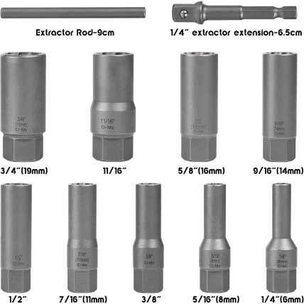 Pažeistų veržlių atsukėjų 3/8'' rinkinys 11vnt. (6-19mm) 2 Pažeistų veržlių atsukėjų 3/8'' rinkinys 11vnt. (6-19mm) 2
